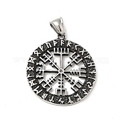 304 Stainless Steel Manual Polishing Pendants, Flat Round with Vegvisir Charms, Antique Silver, 40x36x2.5mm, Hole: 4x7.5mm