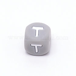 Cuentas del alfabeto de silicona para hacer pulseras o collares, estilo de letra, cubo gris, letter.t, 12x12x12mm, agujero: 3 mm