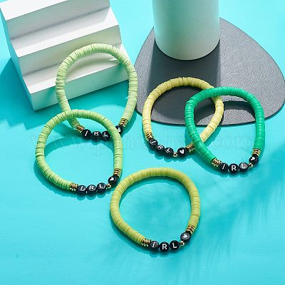 5pcs 5 Color Polymer Clay Disc Surfer Stretch Bracelets Set, Word IRL Acrylic Beaded Preppy Bracelets for Women, Mixed Color