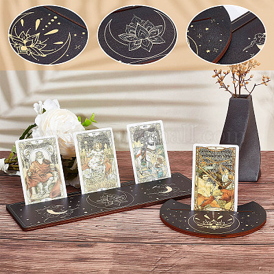 Tarot Card Box GORGECRAFT 4 Pieces Wooden Tarot Card Stand Holder Moon Lotus Tree Of Life Pattern Tarot Card Black Altar Stand Rectangle Moon Shape Tarot Card Display Holder For Witch Divination