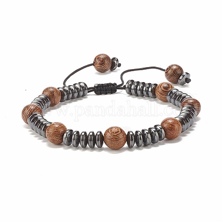 Bracelet en bois de wengé naturel et perles tressées en hématite synthétique BJEW-JB07933-1