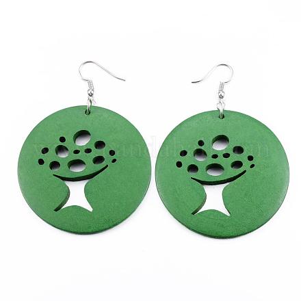 Filigree Flat Round with Tree of Life Wood Dangle Earrings EJEW-F0090-08A-1