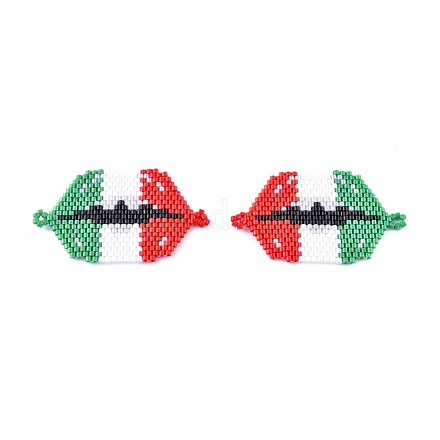 手作りシードビーズリンクコネクター  弾性糸で  織機模様  イタリアの旗と唇  カラフル  27x47.5x1.5mm  穴：2.5mm SEED-I012-57-1