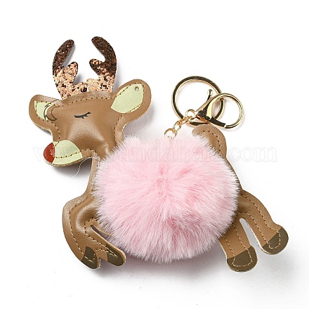 Imitation Rex Rabbit Fur & PU Leather Christmas Reindeer Pendant Keychain KEYC-K018-02KCG-02-1