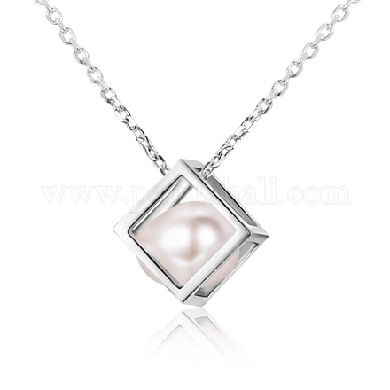 TINYSAND 925 Sterling Silver Cube Pearl Pendant Necklaces TS-N266-S-1