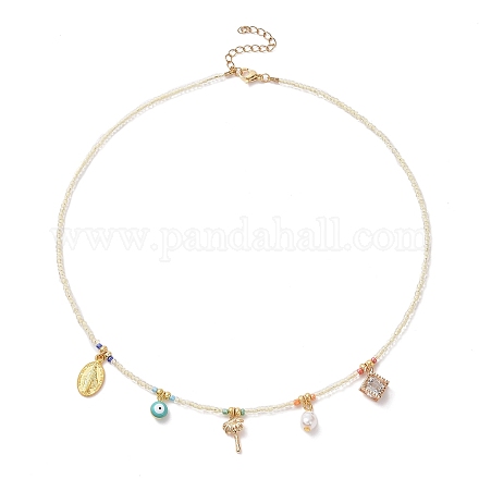 Collier pendentif vierge marie & arbre & mauvais œil alliage & laiton avec chaînes de perles de verre pour femmes NJEW-JN04289-1