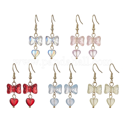 Boucles d'oreilles pendantes en verre avec nœud papillon et cœur EJEW-JE05647-1
