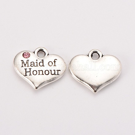 Wedding Theme Antique Silver Tone Tibetan Style Alloy Heart with Maide of Honour Rhinestone Charms TIBEP-N005-16C-1