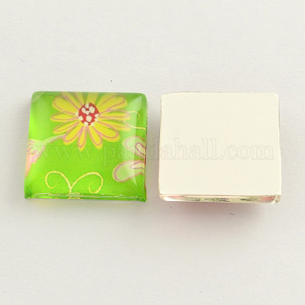 Flower/Floral Pattern Glass Square Cabochons for DIY Project GGLA-S022-20mm-13Q-1