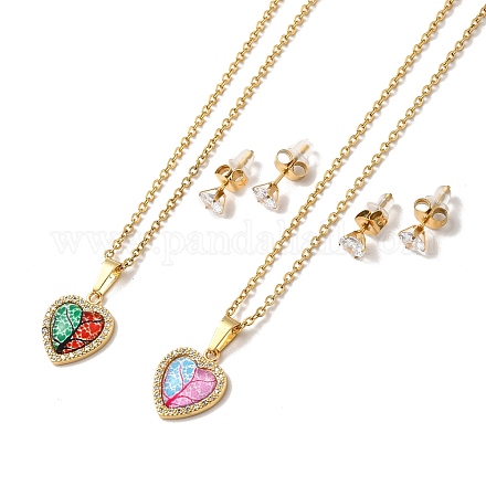 Coeur de zircone cubique clair avec collier pendentif arbre acrylique et boucles d'oreilles diamant SJEW-M099-03G-1