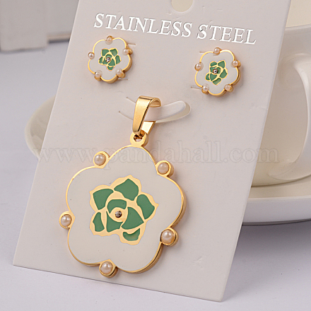 Enamel Flower 304 Stainless Steel Pendants & Stud Earrings Jewelry Sets SJEW-F047-24-1