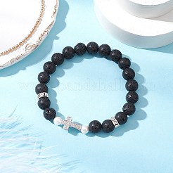 2 bracciale elastico con perle rotonde di lava naturale e ossidiana dorata lucida&nbsp;BJEW-JB11807