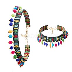 Stoff-Stickband mit bunten Woll-Pompon-Ballquasten-Choker-Halsketten für Damen&nbsp;FS-WG50431-01