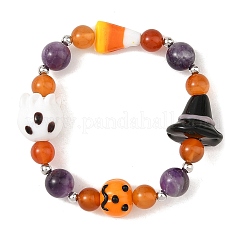 Pulseras elásticas hechas a mano con cuentas redondas de amatista natural y ágata roja&nbsp;BJEW-TA00766