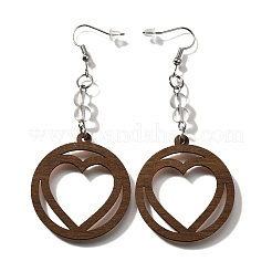 Orecchini pendenti a forma di cuore cavo in legno in acciaio inossidabile 304&nbsp;EJEW-M074-03P