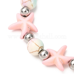 Bracciali elastici con perline sintetiche turchesi a forma di stella marina e perline in ottone&nbsp;BJEW-JB12417-02