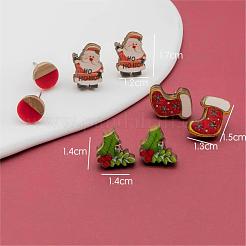 4 paire de boucles d'oreilles en bois imprimé père Noël&nbsp;EJEW-OY001-02