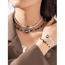 Yin-Yang-Sets aus Polymerton und Glasperlen mit doppelten Halsketten und Armbändern&nbsp;FS-WG4020F-01