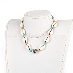 Colliers de cauris ajustables et colliers de perles synthétiques turquoises&nbsp;NJEW-JN02300-01