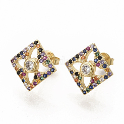 Orecchini a bottone in ottone con zirconi colorati e micro pavè&nbsp;EJEW-S208-020