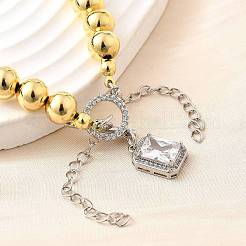 Pulseras con dijes de cuentas redondas de latón para mujer&nbsp;BJEW-D317-05PG