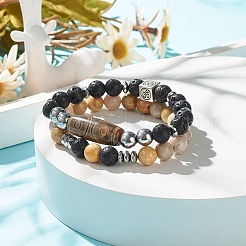 2 pz 2 braccialetti di perline di mala in stile con perline dzi di agata tibetana&nbsp;BJEW-JB08020-03