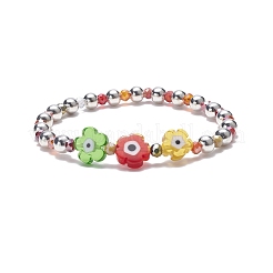 Fleur avec mauvais œil bracelet extensible en perles de verre et de fer pour femme&nbsp;BJEW-JB08076