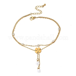 St. Patrick's Day – Damen-Fußkettchen mit Kleeblatt-Anhänger aus Edelstahl 304&nbsp;AJEW-K054-02G