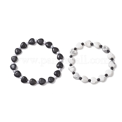 2 bracciale elastico con perline in howlite naturale e onice nero per coppia&nbsp;BJEW-JB13371