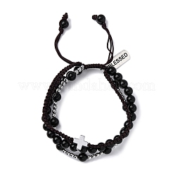 Bracelets tressés ajustables en obsidienne naturelle et hématite&nbsp;BJEW-U035-01A