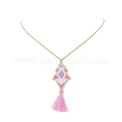 Losange fait à la main motif de métier à tisser pendentifs de graines de verre colliers avec gland&nbsp;NJEW-MZ00012