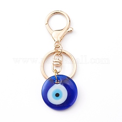 Porte-clés mauvais œil fait à la main, avec porte-clés en alliage, plat rond, bleu, or, 8.7 cm