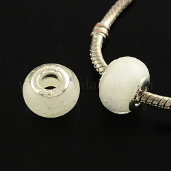 Perles européennes rondes vernissées à gros trou, avec noyaux en laiton plaqué couleur argent, blanc, 13~14x10~11mm, Trou: 5mm