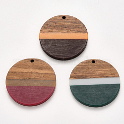 Pendentifs en bois de résine et de noyer, ciré, plat rond, couleur mixte, 32.5x3~4mm, Trou: 2mm