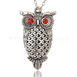 Tibetan Style Alloy Rhinestone Bird Pendants, Owl, Antique Silver, Hyacinth, 49x38x14mm, Hole: 3mm
