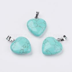 Pendentifs de turquoise synthétique, cœur, avec les accessoires en laiton, platine, 22~23x20~20.5x6~7.5mm, Trou: 5x8mm