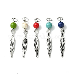 Synthetic Turquoise Dyed Pendants, Antique Silver Plated Alloy Charms, Mixed Color, Feather, 39mm, Pendant: 28.5x4.5x2mm, Hole: 4.5mm