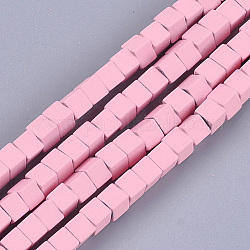Spray Painted Non-magnetic Synthetic Hematite Beads Strands, Cube, Pink, 4x4x4mm, Hole: 0.8mm, about 94~100pcs/strand, 15.5 inch~16.3 inch