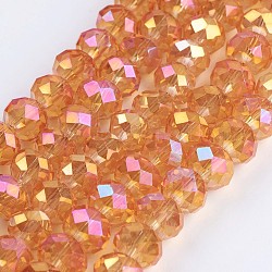 FilI di perline in vetro placcato, pieno arcobaleno placcato, sfaccettato, rondelle, arancione, 8x6mm, Foro: 1~1.5 mm, circa 70~72pcs/filo, 16.9~17.3 pollice (43~44 cm)