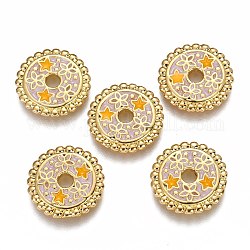 Messing Emaille-Perlen, flach rund mit Stern & gelbem Stern, echtes 18k vergoldet, Lavendel, 15.6x2 mm, Bohrung: 2.7 mm