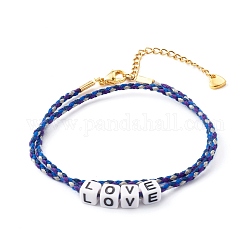 Bracelets de chaîne en cordon de coton à deux boucles, avec des perles acryliques de cube, mot d'amour, bleu, 15-3/8 pouce (39 cm)