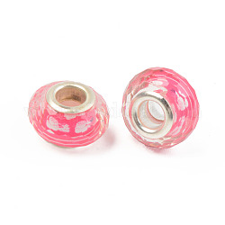 Harz europäischen Perlen, Großloch perlen, mit versilberten Messingkernen, facettiert, Rondell, tief rosa, 14x9 mm, Bohrung: 5 mm