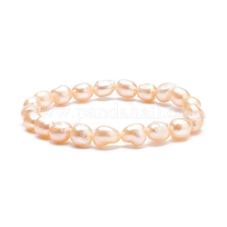Braccialetto elastico con perline di perle naturali da donna, peachpuff, diametro interno: 2-3/8 pollice (5.9 cm)
