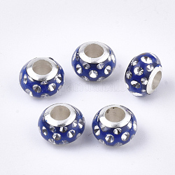 Harz europäischen Perlen, Großloch perlen, mit Strass & platinfarbenem Messing Single Core, Rondell, Blau, 11.5x8 mm, Bohrung: 5 mm