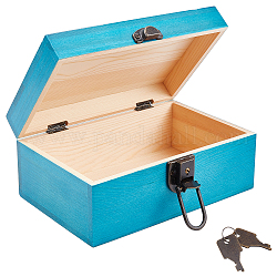 Сосновый ящик, со словом старинный узор и железные ключи, коробка для хранения, прямоугольные, темные бирюзовый, 15.1x21.5x9.5 см, железные ключи: 40x19x1 мм, 2 шт / комплект