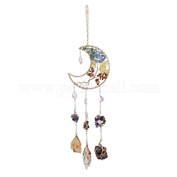 Windspiel aus natürlichem Edelstein, mit Glasperlen und Zubehör aus Eisen, Mond, golden, 356 mm