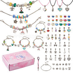 Craftdady DIY Europen Bracelet Necklace Making Kit, Including Angel & Heart Resin & Glass European & Clay Rhinestone Beads, Alloy Beads & Dangle Charms, Brass Bracelet & Waxed Cord Necklace Making, Antique Silver & Platinum, 73Pcs/box