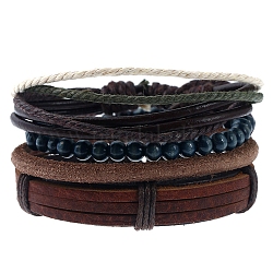 4 pièces 4 styles réglables en cuir de vachette tressé cordon bracelets ensemble, bracelets extensibles en perles de bois avec cordon ciré pour hommes, couleur mixte, 2~2-7/8 pouce (5~7.3 cm), 1pc / style