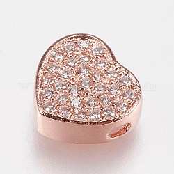 Perles de zircone cubique micro pave en Laiton, cœur, clair, or rose, 9x9.5x4mm, Trou: 1.2mm