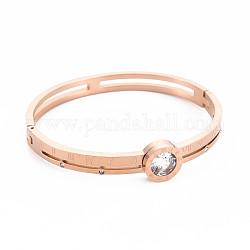 Bracelet jonc rond plat strass cristal avec chiffre romain, bracelet articulé en acier inoxydable pour femme, or rose, diamètre intérieur: 1-7/8x2-1/4 pouce (4.9x5.7 cm)